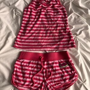 Junior Women's Watermelon Terrycloth Red Pink Striped Tank Top and Shorts Set